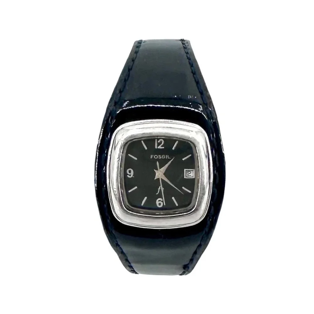 Vintage Fossil Womens Black Patent Leather Cuff Watch Date New Battery